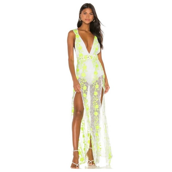 For Love And Lemons Dresses & Skirts - For Love and Lemons  Revolve Dahlia Lace Maxi Neon Floral Dress - S